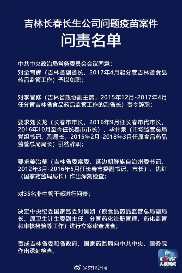 央視：中央政治局聽取長生疫苗門調(diào)查報(bào)告，嚴(yán)肅問責(zé)相關(guān)人員
