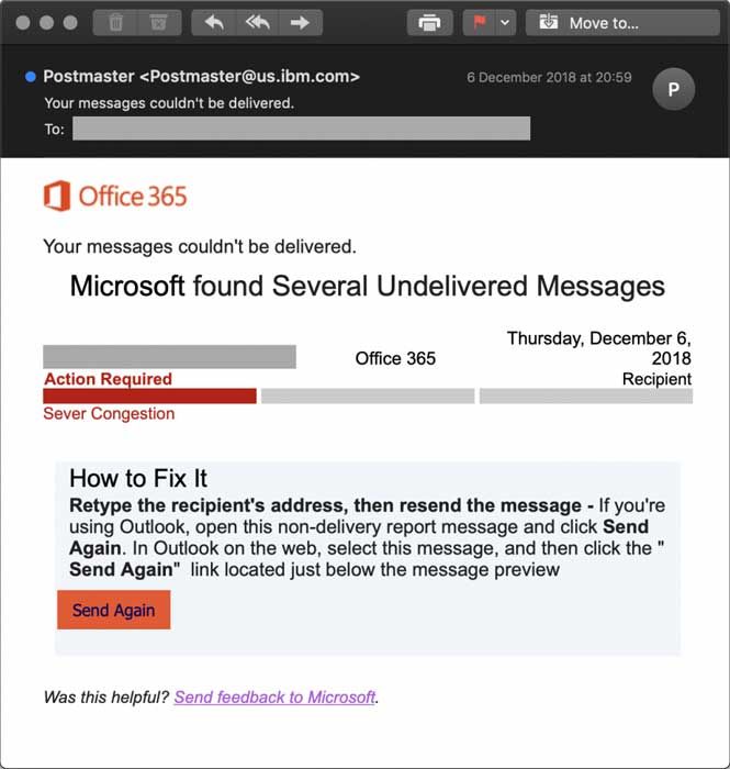 最新釣魚(yú)郵件曝光：偽裝成Office 365未送達(dá)郵件